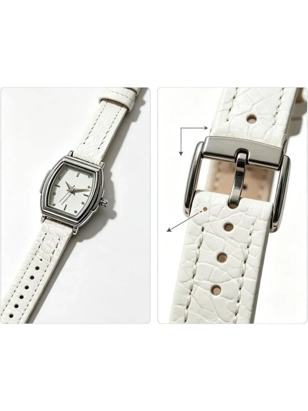 Women's White Rectangular Case Metal Case Simple Dial Leather Strap Wrist Watch